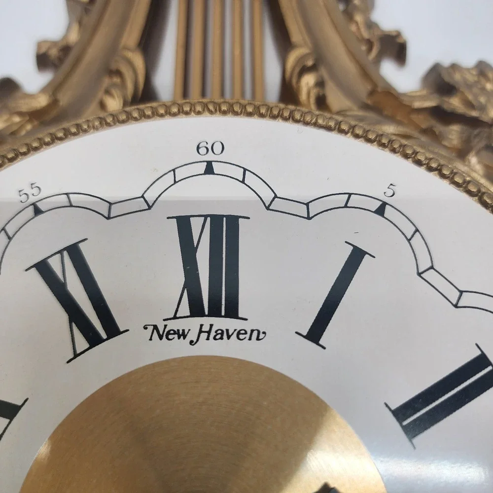 Vintage New Haven Burwood Gold Lyre Wall Clock Quartz USA Hollywood Regency